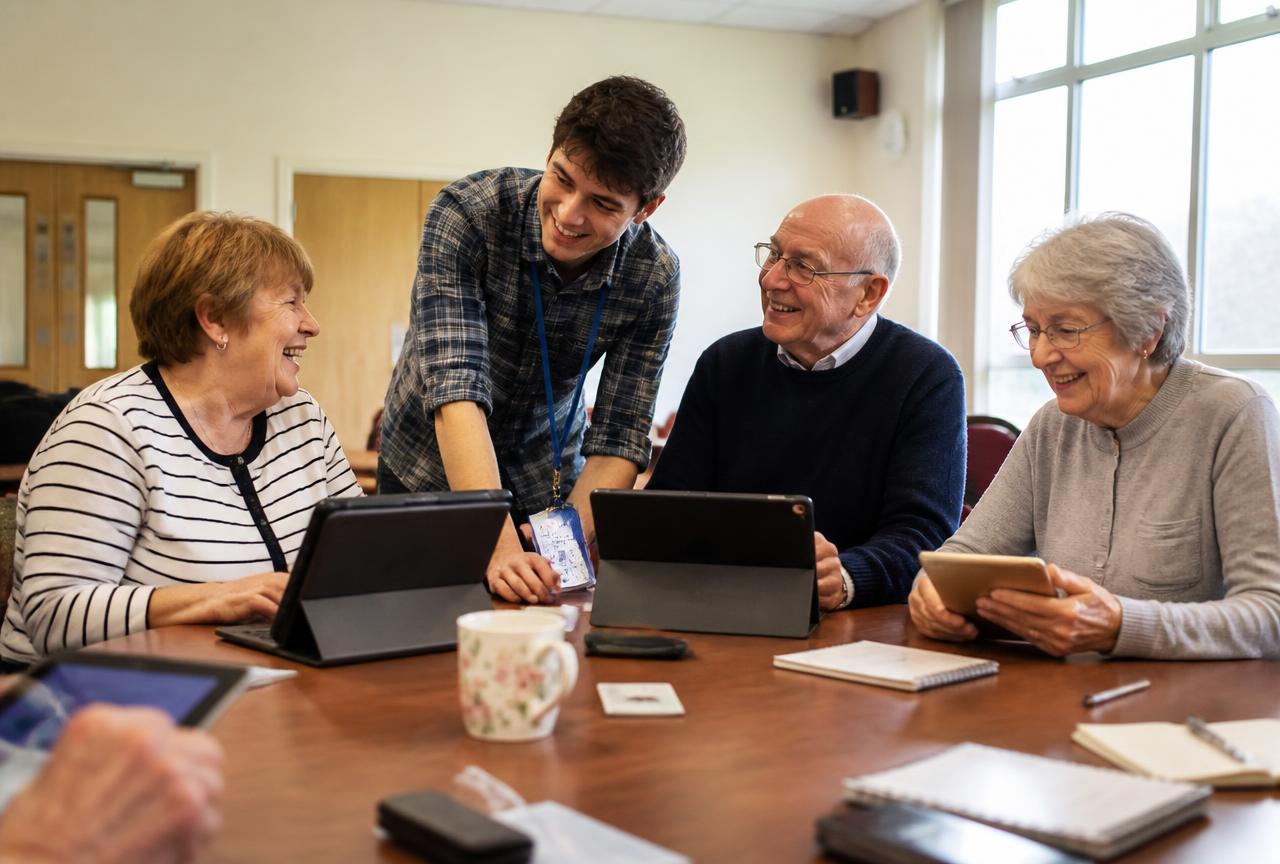 Older adults smiling during a NAVIGATE digital literacy session with a facilitator